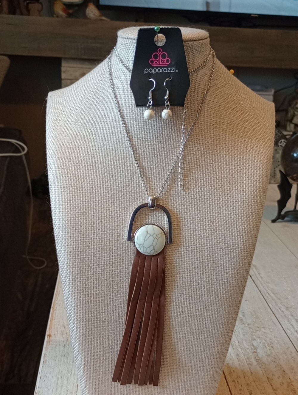 Paparazzi Brown Tassel Necklace with Cream Stone and Silver Accents